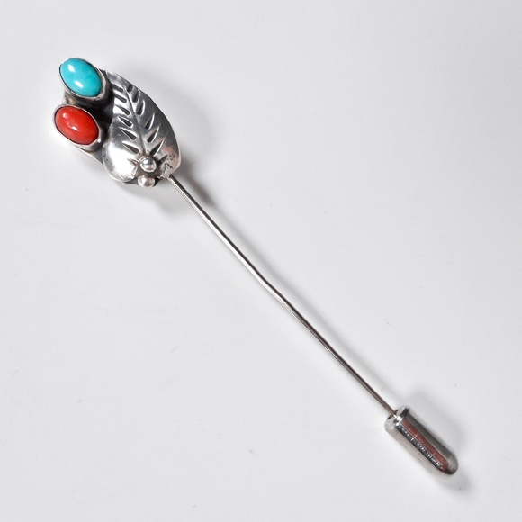 VTG Navajo Roy Vandever Signed Turquoise Coral Stick Pin Sterling Silver Brooch - Picture 2 of 7